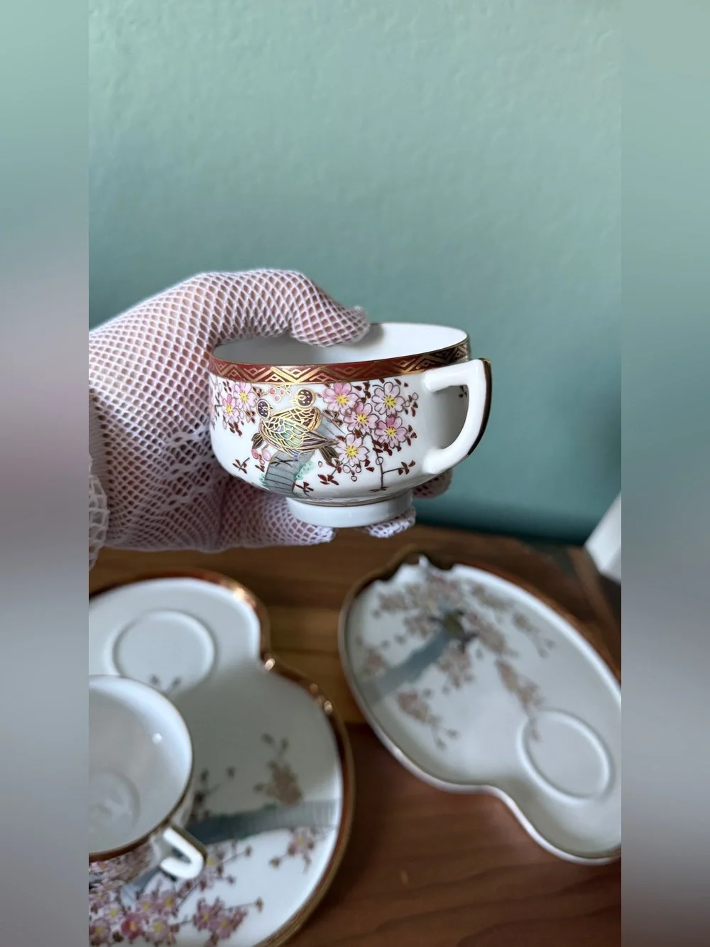 Vintage Koshida Japan Hand Painted Geisha Lithophane Snack Set w/ Nasco Spoons